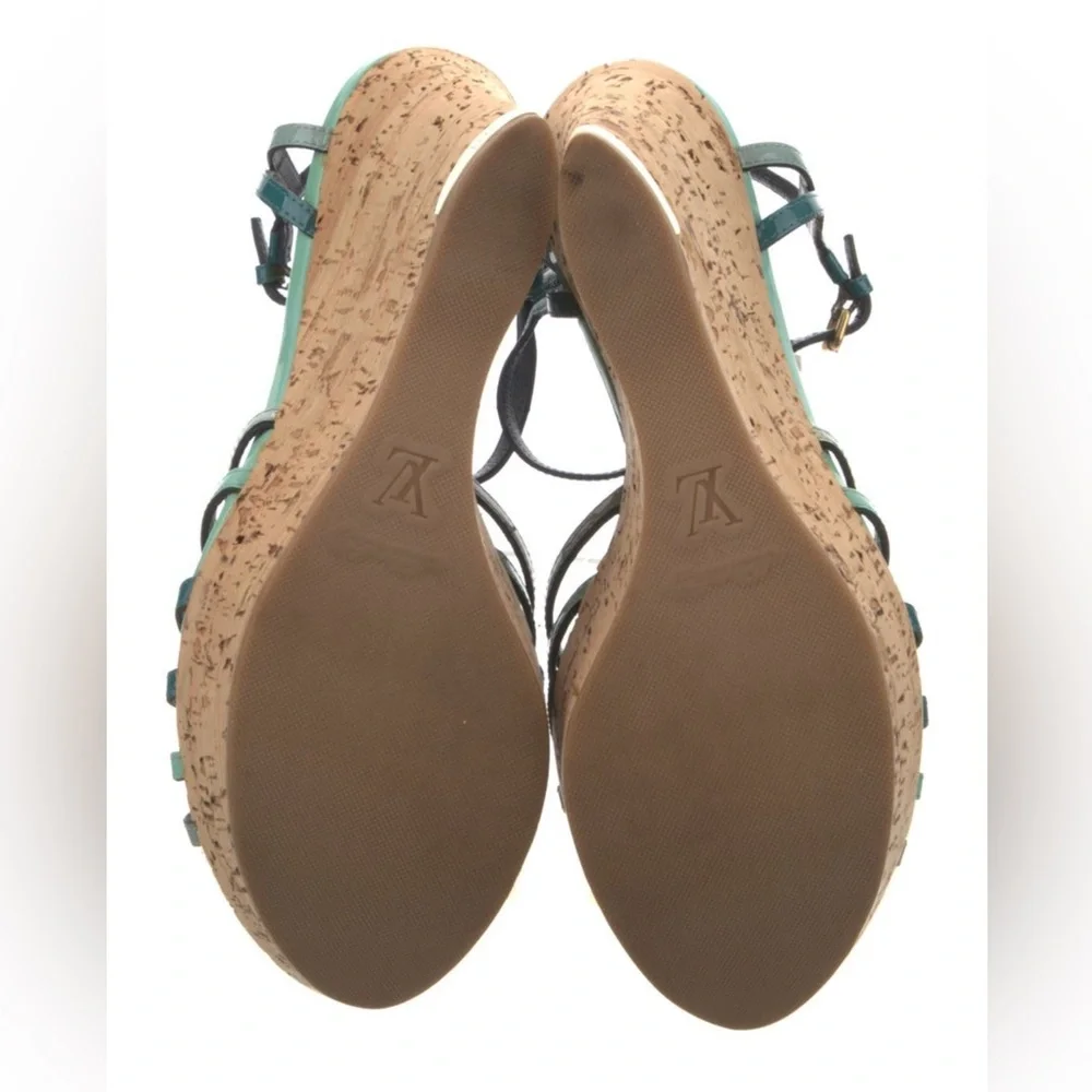 LOUIS VUITTON Summertime Blue Vernis Leather Wedge Sandals